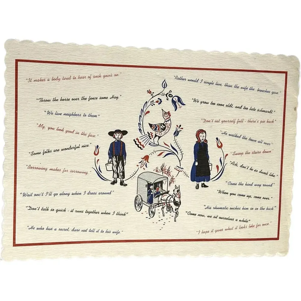 Vintage Pennsylvania Dutch Amish Placemats Napkins Set  16 Horse Buggy Folk Art